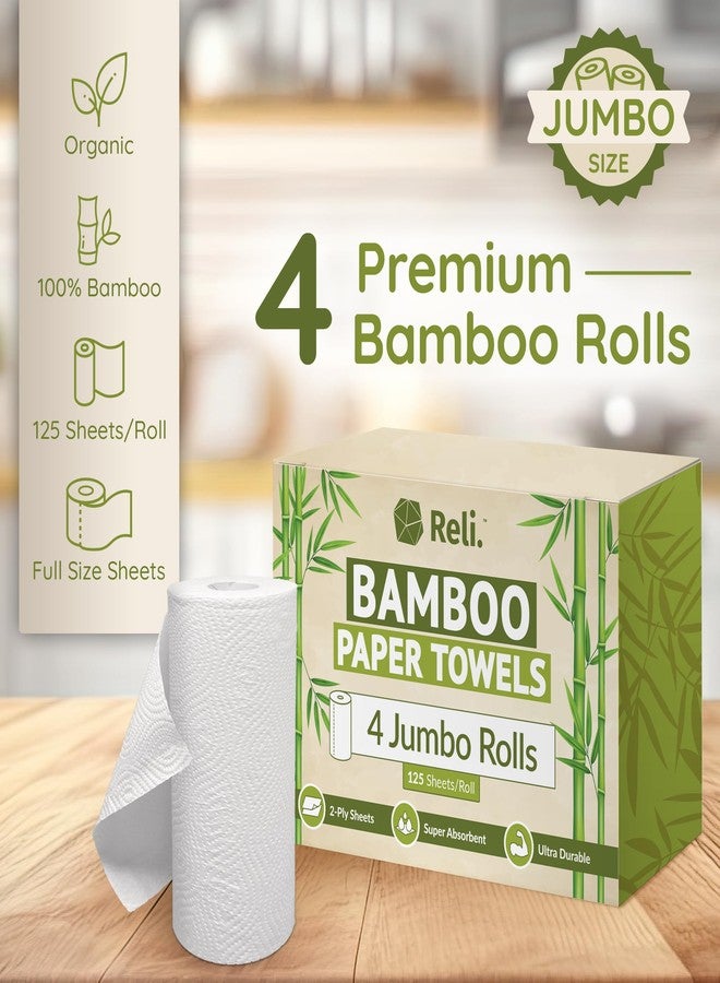 Reli. Bamboo Paper Towels (4 Pack, Jumbo) | Paper Towels Rolls 2 Ply | 125 Sheets/Roll, Full Size Sheets | Unbleached, Organic Rolls for Kitchen, Bathroom | 100% Bamboo - Image 2